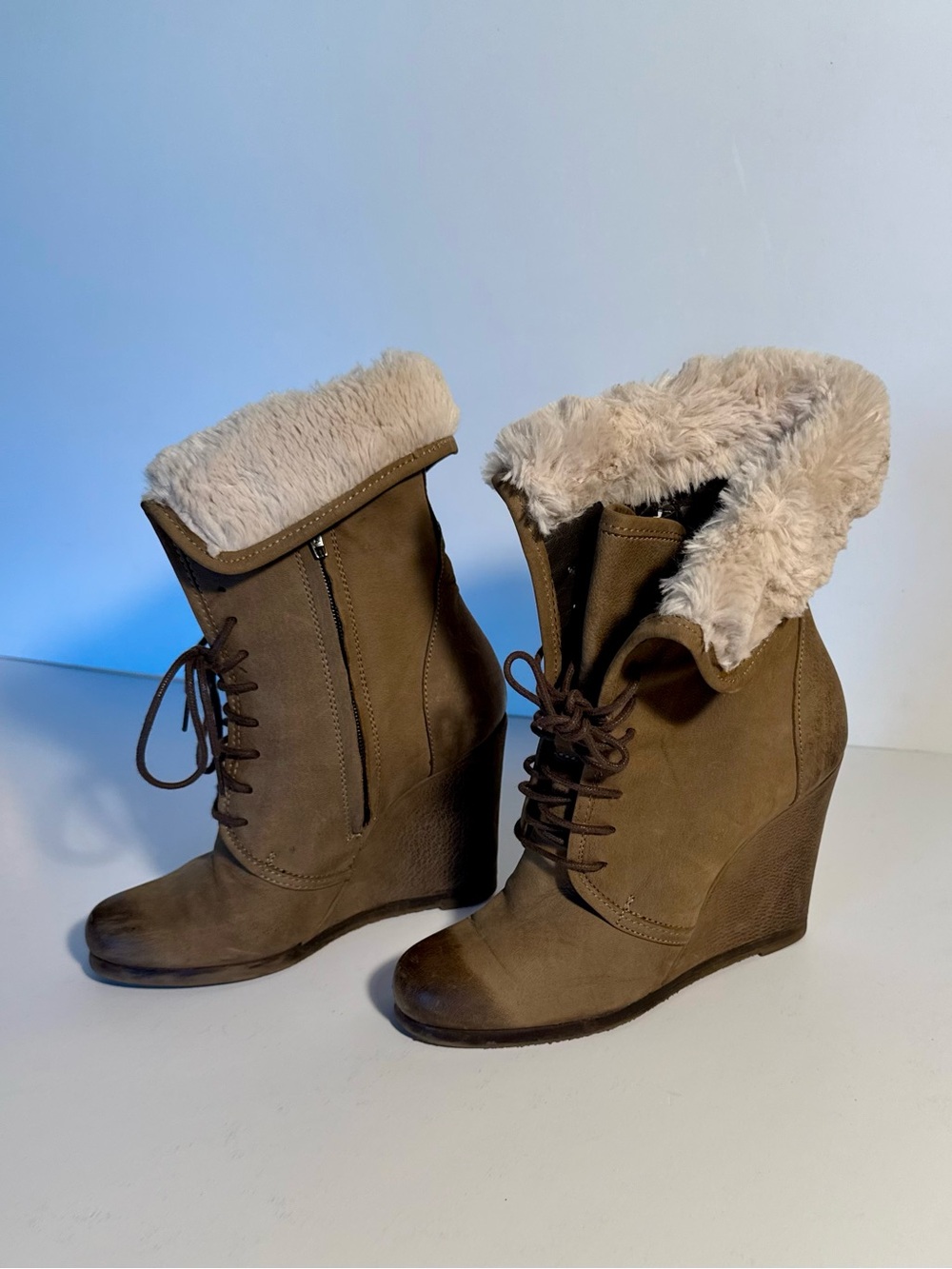 Boutique 9 Taupe Suede Lace-Up Wedge Ankle Boots